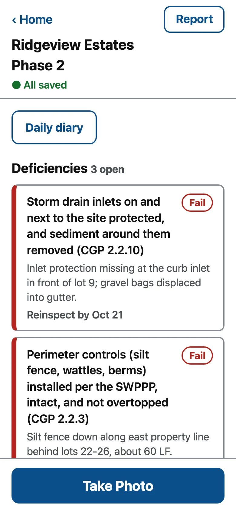 Project screen listing three open deficiencies, each with its note and reinspect-by date.